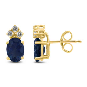 14K Yellow Gold 5x3MM Oval Sapphire and Three Stone Diamond Earrings- GER59191SP