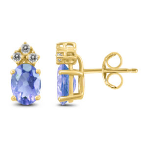 14K Yellow Gold 5x3MM Oval Tanzanite and Three Stone Diamond Earrings- GER59191TZ