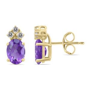 14K Yellow Gold 6x4MM Oval Amethyst and Three Stone Diamond Earrings- GER59192AM