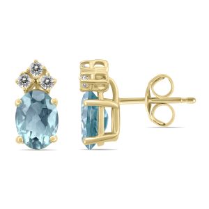 14K Yellow Gold 6x4MM Oval Aquamarine and Three Stone Diamond Earrings- GER59192AQ