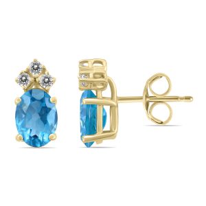 14K Yellow Gold 6x4MM Oval Blue Topaz and Three Stone Diamond Earrings- GER59192BT