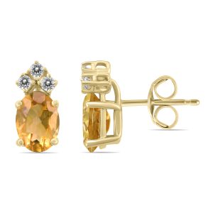 14K Yellow Gold 6x4MM Oval Citrine and Three Stone Diamond Earrings- GER59192CT