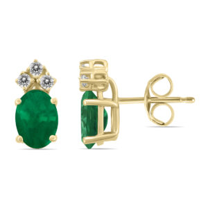 14K Yellow Gold 6x4MM Oval Emerald and Three Stone Diamond Earrings- GER59192EM