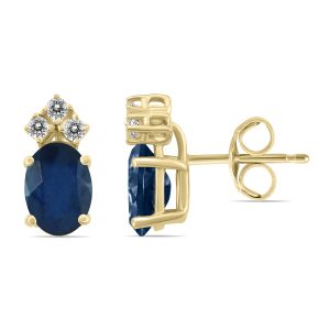 14K Yellow Gold 6x4MM Oval Sapphire and Three Stone Diamond Earrings- GER59192SP
