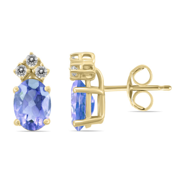 14K Yellow Gold 6x4MM Oval Tanzanite and Three Stone Diamond Earrings- GER59192TZ