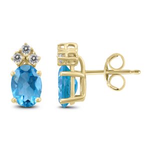 14K Yellow Gold 7x5MM Oval Blue Topaz and Three Stone Diamond Earrings- GER59193BT