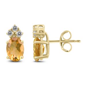 14K Yellow Gold 7x5MM Oval Citrine and Three Stone Diamond Earrings- GER59193CT