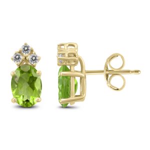 14K Yellow Gold 8x6MM Oval Peridot and Three Stone Diamond Earrings- GER59194PD