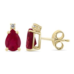 14K Yellow Gold 5x3MM Pear Ruby and Diamond Earrings- GER59211RB