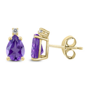 14K Yellow Gold 8x6MM Pear Amethyst and Diamond Earrings- GER59214AM