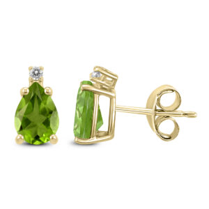 14K Yellow Gold 8x6MM Pear Peridot and Diamond Earrings- GER59214PD