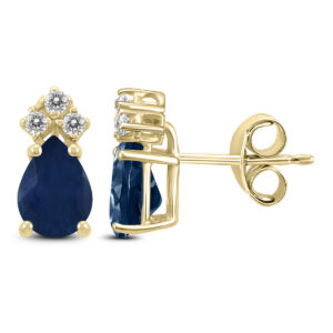 14K Yellow Gold 5x3MM Pear Sapphire and Three Stone Diamond Earrings- GER59215SP
