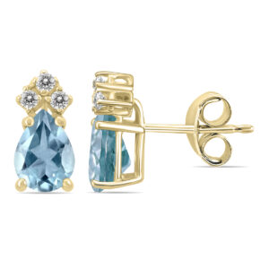 14K Yellow Gold 6x4MM Pear Aquamarine and Three Stone Diamond Earrings- GER59216AQ
