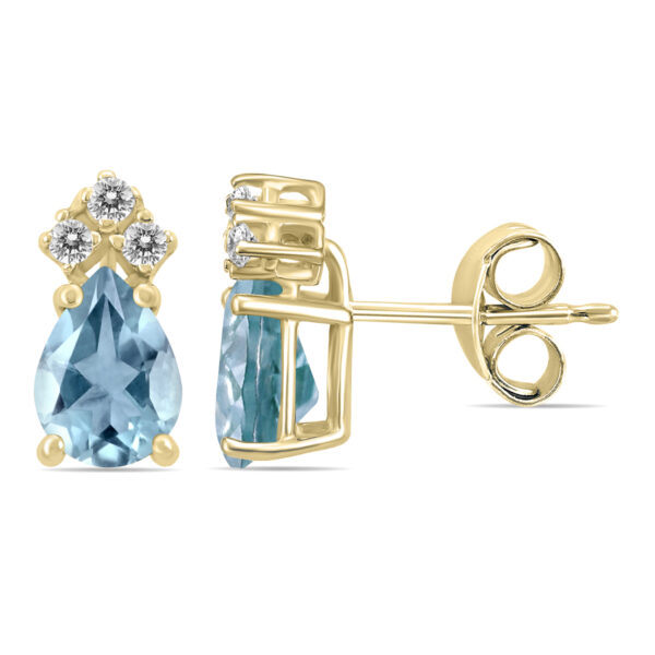 14K Yellow Gold 6x4MM Pear Aquamarine and Three Stone Diamond Earrings- GER59216AQ