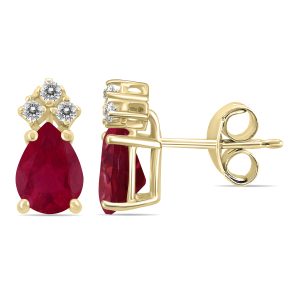 14K Yellow Gold 6x4MM Pear Ruby and Three Stone Diamond Earrings- GER59216RB