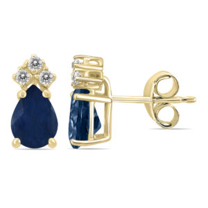 14K Yellow Gold 6x4MM Pear Sapphire and Three Stone Diamond Earrings- GER59216SP