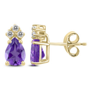 14K Yellow Gold 7x5MM Pear Amethyst and Three Stone Diamond Earrings- GER59217AM