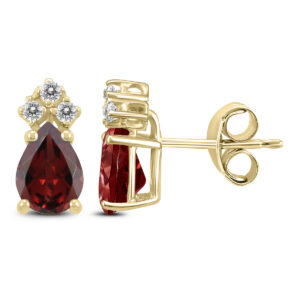 14K Yellow Gold 7x5MM Pear Garnet and Three Stone Diamond Earrings- GER59217GT