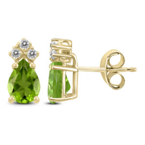 14K Yellow Gold 8x6MM Pear Peridot and Three Stone Diamond Earrings- GER59218PD