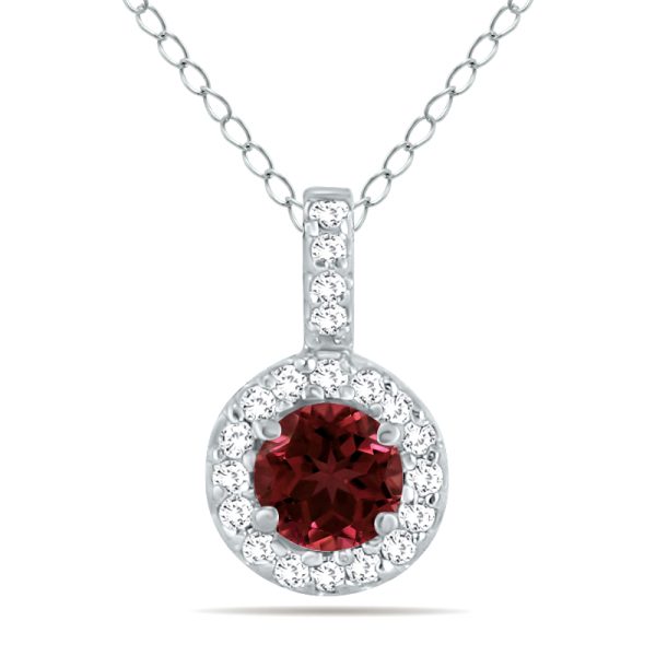 1/2 Carat TW Halo Garnet And Diamond Pendant in 10K White Gold- GPD50419GT