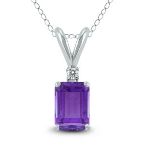 14K White Gold 6x4MM Emerald Shaped Amethyst and Diamond Pendant- GPD59043AM