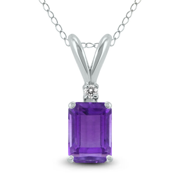14K White Gold 6x4MM Emerald Shaped Amethyst and Diamond Pendant- GPD59043AM