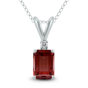 14K White Gold 6x4MM Emerald Shaped Garnet and Diamond Pendant- GPD59043GT