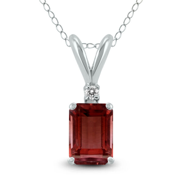 14K White Gold 6x4MM Emerald Shaped Garnet and Diamond Pendant- GPD59043GT