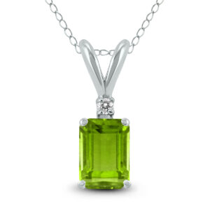 14K White Gold 6x4MM Emerald Shaped Peridot and Diamond Pendant- GPD59043PD