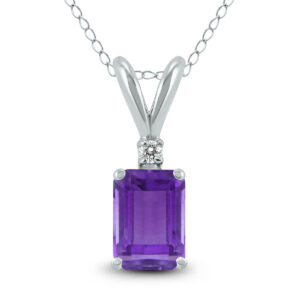 14K White Gold 7x5MM Emerald Shaped Amethyst and Diamond Pendant- GPD59045AM