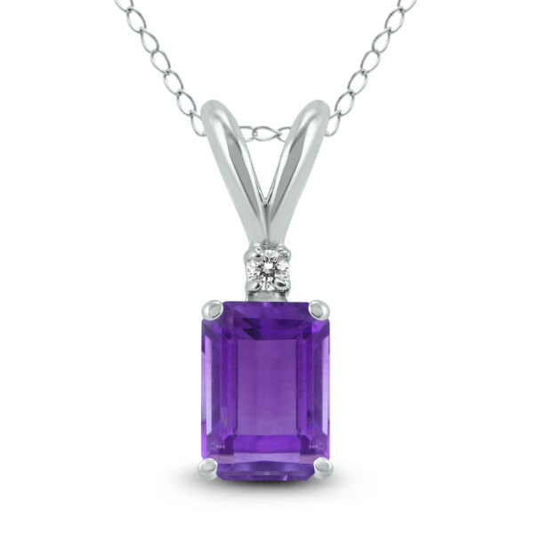 14K White Gold 7x5MM Emerald Shaped Amethyst and Diamond Pendant- GPD59045AM
