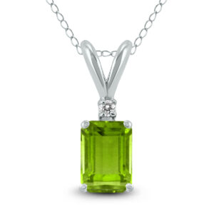 14K White Gold 7x5MM Emerald Shaped Peridot and Diamond Pendant- GPD59045PD