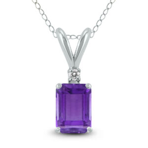14K White Gold 8x6MM Emerald Shaped Amethyst and Diamond Pendant- GPD59047AM