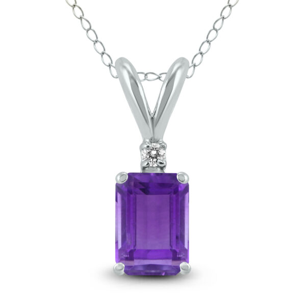 14K White Gold 8x6MM Emerald Shaped Amethyst and Diamond Pendant- GPD59047AM