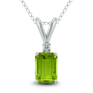 14K White Gold 8x6MM Emerald Shaped Peridot and Diamond Pendant- GPD59047PD