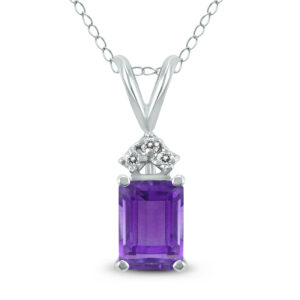 14K White Gold 6x4MM Emerald Shaped Amethyst and Three Stone Diamond Pendant- GPD59049AM