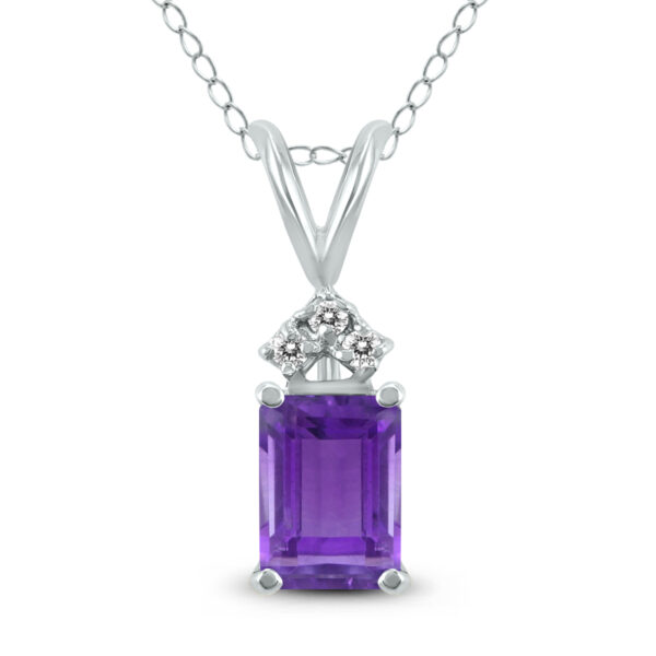 14K White Gold 6x4MM Emerald Shaped Amethyst and Three Stone Diamond Pendant- GPD59049AM