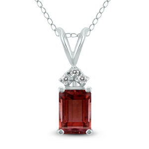 14K White Gold 6x4MM Emerald Shaped Garnet and Three Stone Diamond Pendant- GPD59049GT