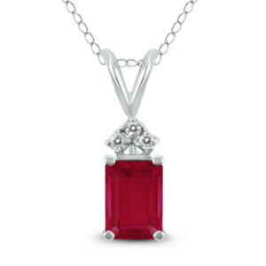 14K White Gold 6x4MM Emerald Shaped Ruby and Three Stone Diamond Pendant- GPD59049RB