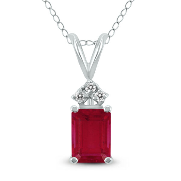 14K White Gold 6x4MM Emerald Shaped Ruby and Three Stone Diamond Pendant- GPD59049RB