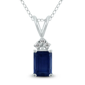 14K White Gold 6x4MM Emerald Shaped Sapphire and Three Stone Diamond Pendant- GPD59049SP