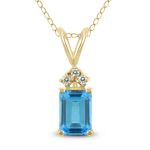 14K Yellow Gold 6x4MM Emerald Shaped Blue Topaz and Three Stone Diamond Pendant- GPD59050BT