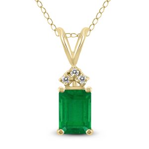 14K Yellow Gold 6x4MM Emerald Shaped Emerald and Three Stone Diamond Pendant- GPD59050EM