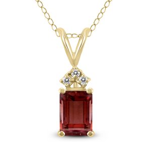 14K Yellow Gold 6x4MM Emerald Shaped Garnet and Three Stone Diamond Pendant- GPD59050GT