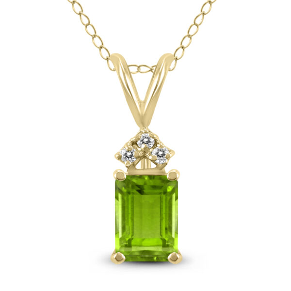 14K Yellow Gold 6x4MM Emerald Shaped Peridot and Three Stone Diamond Pendant- GPD59050PD