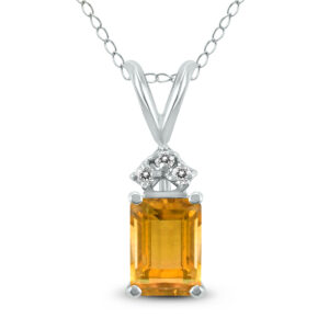 14K White Gold 7x5MM Emerald Shaped Citrine and Three Stone Diamond Pendant- GPD59051CT