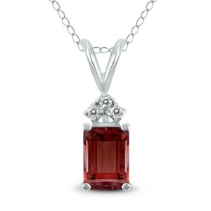 14K White Gold 7x5MM Emerald Shaped Garnet and Three Stone Diamond Pendant- GPD59051GT