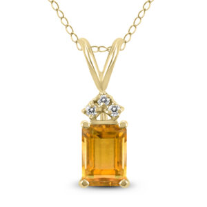 14K Yellow Gold 7x5MM Emerald Shaped Citrine and Three Stone Diamond Pendant- GPD59052CT