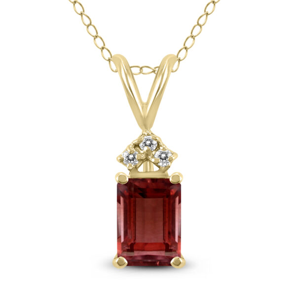 14K Yellow Gold 7x5MM Emerald Shaped Garnet and Three Stone Diamond Pendant- GPD59052GT