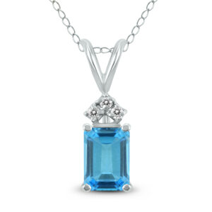 14K White Gold 8x6MM Emerald Shaped Blue Topaz and Three Stone Diamond Pendant- GPD59053BT